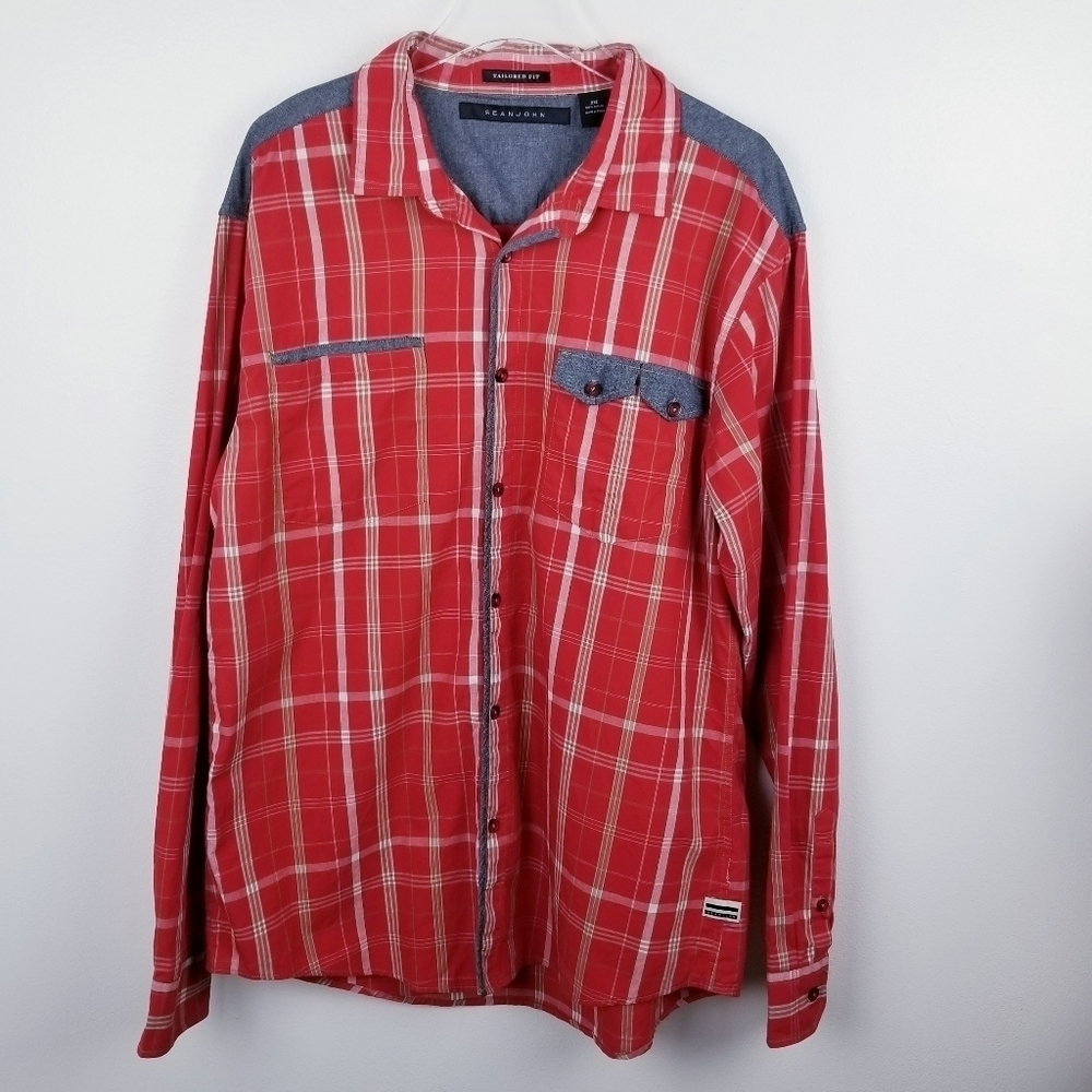 Sean John Red Plaid Button Front Shirt 2XL